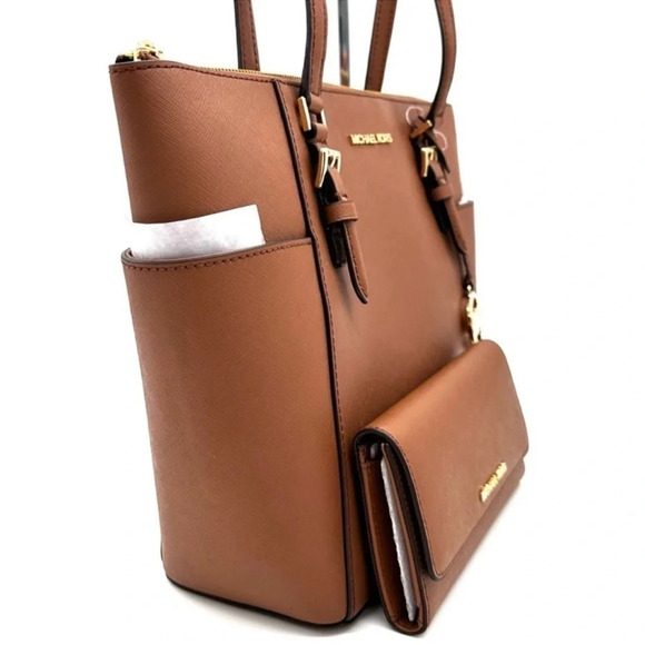 Michael Kors Large Charlotte Tote Bag & Large Trifold Wallet Luggage Brown Set - Picture 5 of 15